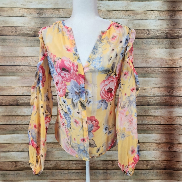 NEW WHBM Canary Yellow Floral Print Ruffle Sleeve Blouse - Picture 2 of 4